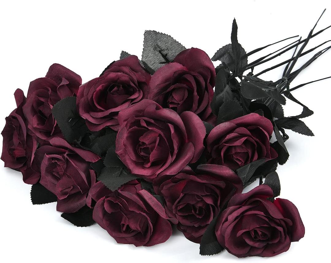 Artflower 10 Pack Artificial Silk Roses Bouquet with Long Stem, 16'' Wine Red Rose Lifelike Fake Rose Flowers for Christmas Wedding Birthday Party Table Centerpieces Decor