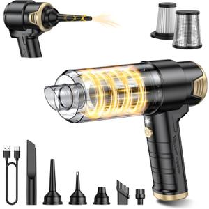 JONYJ Handheld Car Vacuum Cleaner Cordless, 16000PA Hand Held Vacuum Portable, 2 in 1 Air Duster and Mini Vacuum Cleaner Rechargeable with LED, Multi-Nozzles & Washable Filters for Home Office Car Pet (Black & Gold)