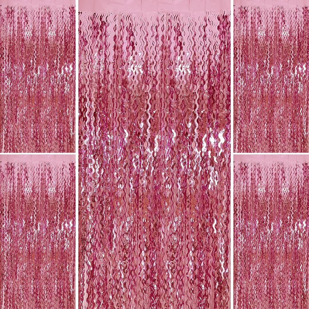 Pink Foil Curtain & Fringe Backdrop - Party & Bachelorette Decorations for Women - Valentine's Day & Birthday Celebrations (5 pack)