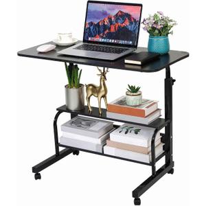 Adjustable Height Mobile Computer Desk for Small Space Rolling Table with Wheels Desk Home Office Study Desk Portable for Bedrooms Work Size 31.5x15.7 Inch Black with Storage Gaming Table B