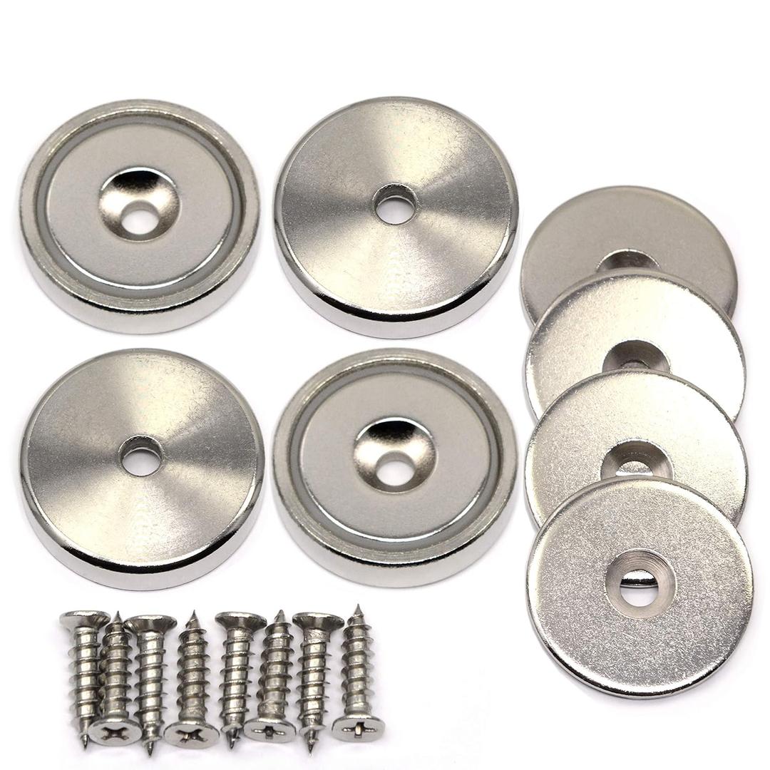 CMS Magnetics Neodymium Cup Magnets with countersunk Hole 88 LBS Pulling Power Capacity Each - Dia 1.26" - w/Matching Strikers and Screws - Strongest Round Base Magnets 4 Pack