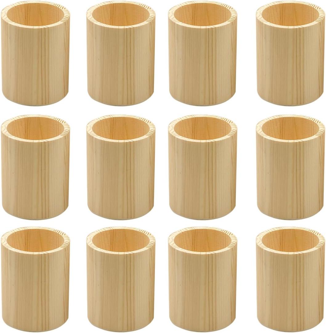 Cregugua 12-Pack 4 Inch Round Wood Pen Holder Unfinished Wooden Pencil Holder for DIY Crafts (3x3x4 Inches)