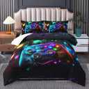 Gamer Comforter Set for Boys, Queen Size - Video Game Bedding, Neon Gaming Room Decor
