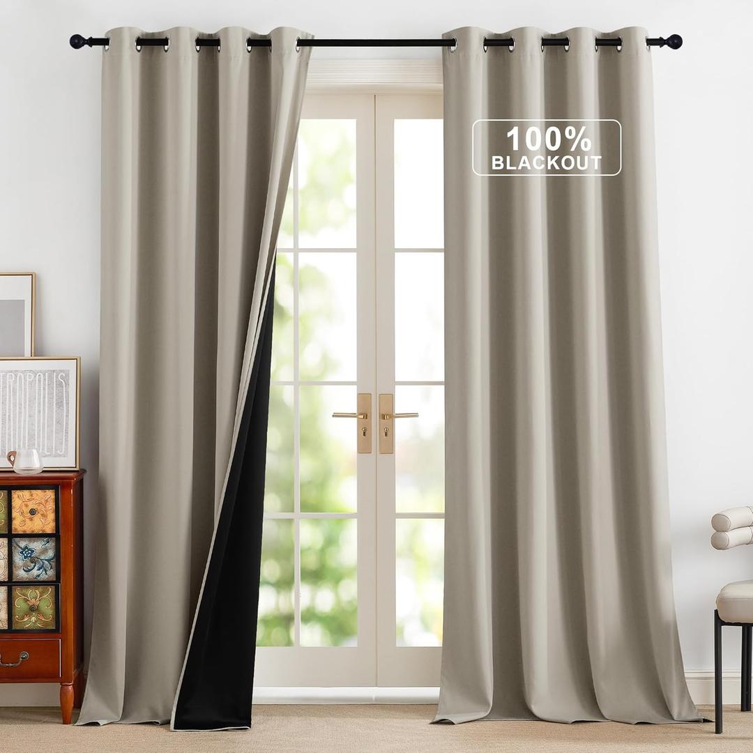 NICETOWN Blackout Curtains for Bedroom, Grommet Privacy 100% Blackout 96 inches Length Thermal Insulated Curtains for Living Room, 2 Panels, 52W x 96L, Natural