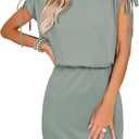 Dokotoo Womens 2024 Summer Dress Drawstring Cap Sleeve Crew Neck Wrap Bodycon Dresses Mini Short Dress