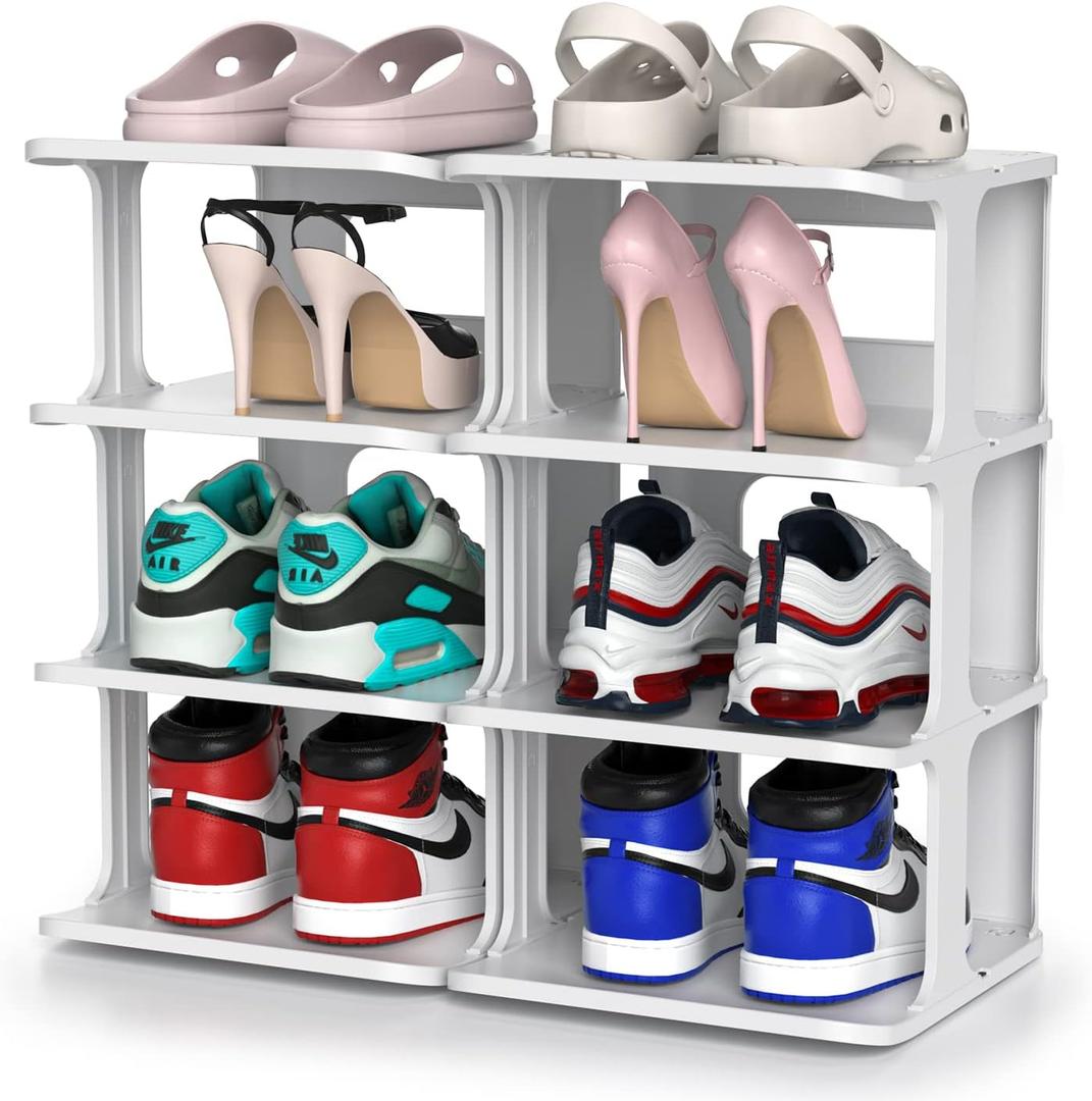 ZOINLIY Stackable Shoe Organizer for Closet, Small Shoe Rack for Entryway, Bedroom, Dorm Rooms, Free Standing Shoe Shelf, Plastic Shoe Cubby for Small Space, Grey Space Saver Shoe Holder, 4 Tiers, 2 Columns