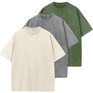 Men's Cotton T-Shirts Oversized Unisex Short Sleeves Casual Loose Wash Solid Basic Tee Tops (Large, Beige+armygreen+grey)