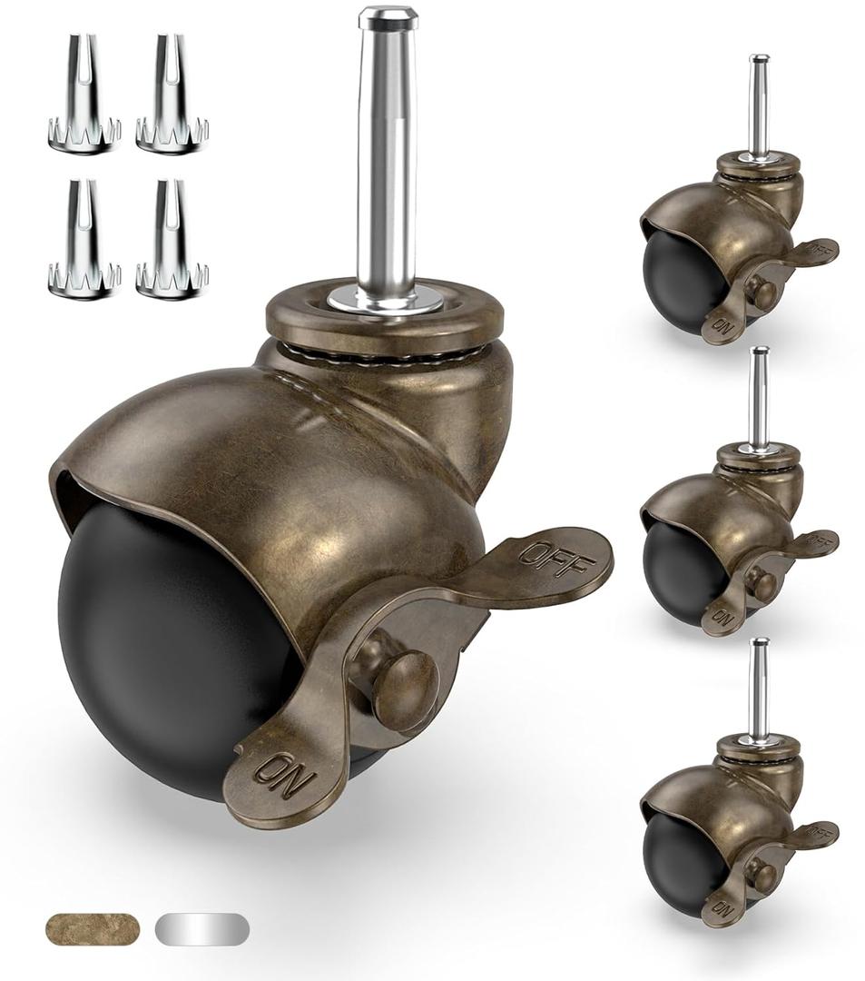 HOLKIE Casters for Furniture Legs Ball Caster Wheels Set of 4, 2 inch Locking Stem Swivel Castors for Chair, 5/16" x 1-1/2" Grip Neck Spherical Brass Vintage Antique Wheel