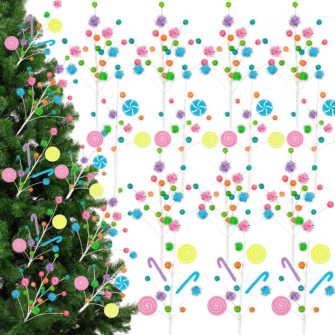 14PCS Candyland Christmas Decorations Macaron Pastel Candy Tree Pick Sprays Ornaments Xmas Colorful Tree Topper Vase Fillers Holiday Party Decor Supplies
