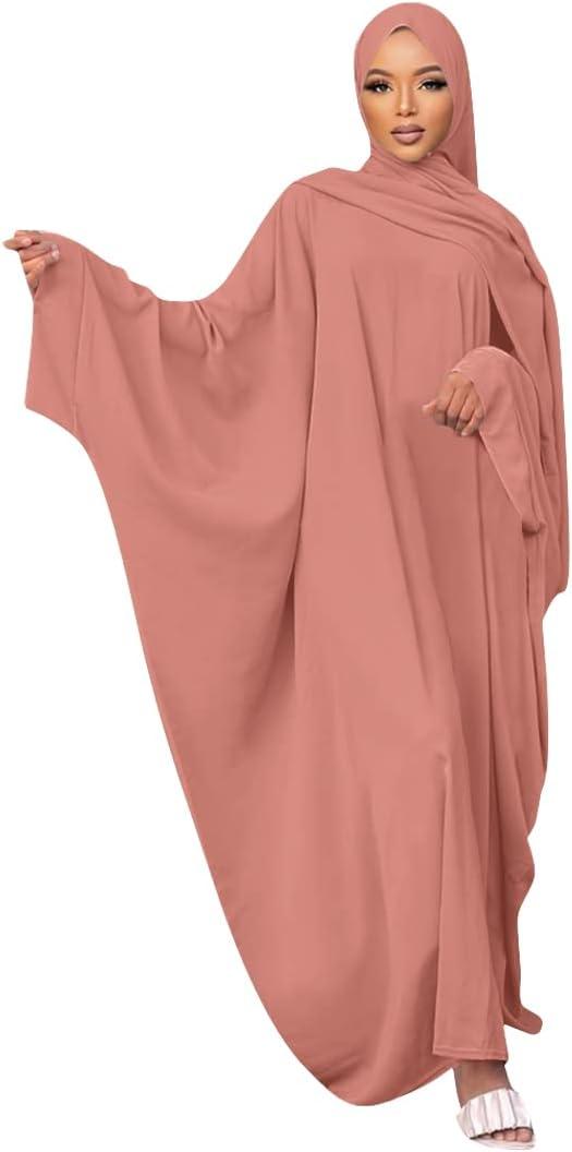IKADEX Muslim Dress for Women Pakistani Kaftan Abaya Robe + Hijab Arabic Islamic Prayer Clothes Dubai Outfits (One Size, Pink Set)