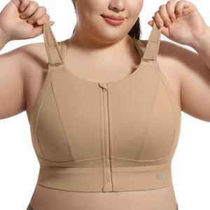 High Impact Sports Bras for Women Adjustable Zip Front Plus Size Workout Bra Full Coverage Removable Padded Running (X-Large Plus, Light Khaki) High Impact Sports Bras for Women Adjustable Zip Front Plus Size Workout Bra Full Coverage Removable Padded Running (X-Large Plus, Light Khaki)