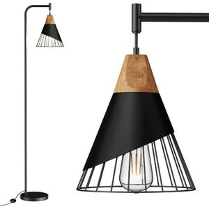 67" Industrial Floor Lamp with Wood & Black Metal Shade, Modern Standing Lamp, Rustic Farmhouse Tall Lamp for Living Room Bedroom Office, 2700K Bulb & Foot Switch Included (Black)