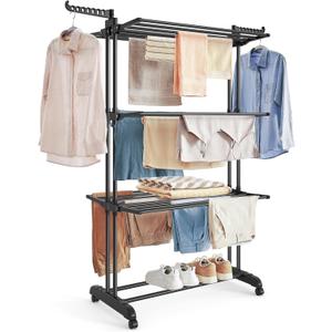SONGMICS Clothes Drying Rack Stand 4-Tier, Foldable Laundry Drying Rack 68.1-Inch Tall, Stainless Steel, Rolling Clothes Horses Dryer Rack, Easy to Assemble, Indoor Outdoor Use, Ink Black ULLR701B01