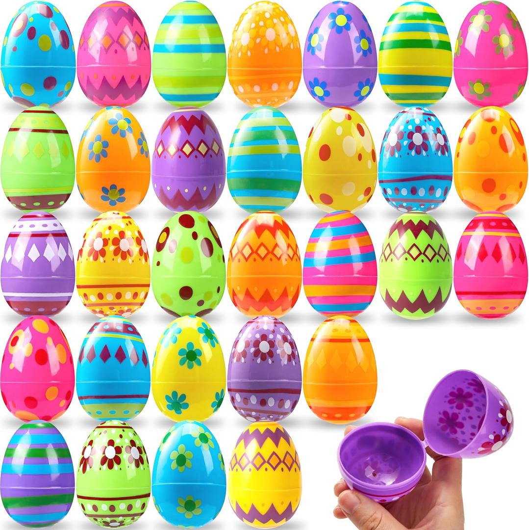 JOYIN 50 Pcs 3.15Inch Printed Plastic Eggs Colorful, Fillable Empty Eggs Bulks for Easter Hunt Event, Basket Stuffers Fillers, Classroom Prize Supplies, Filling Treats and Party Favor