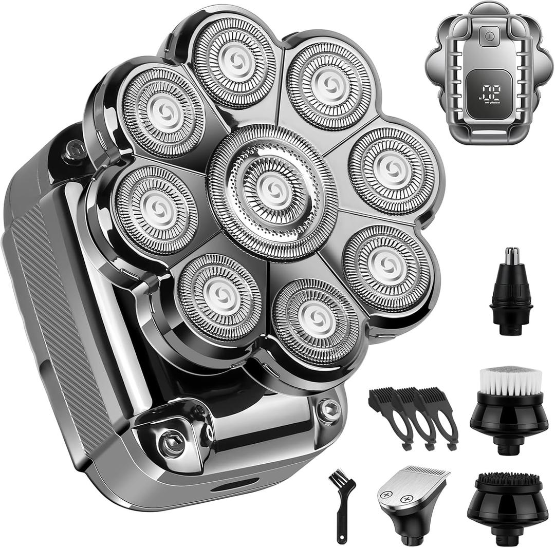 9D Head Shavers for Bald Men-Upgraded 5-in-1 Professional Electric Shaver- Floating IPX7 Waterproof Cordless Razor with Type-C Fast Charge & Display - Wet/Dry Grooming Kit