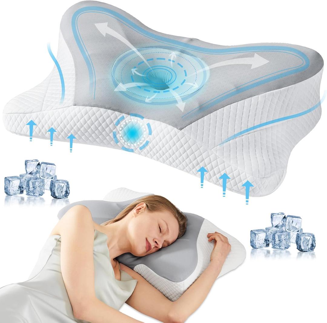 DUMOS Cervical Neck Pillow, Cooling Ergonomic Memory Foam Pillows for Neck Pain Relief with Breathable Pillowcase, Dual Height Orthopedic Support Contour Pillow for Side, Back, Stomach Sleepers, Grey