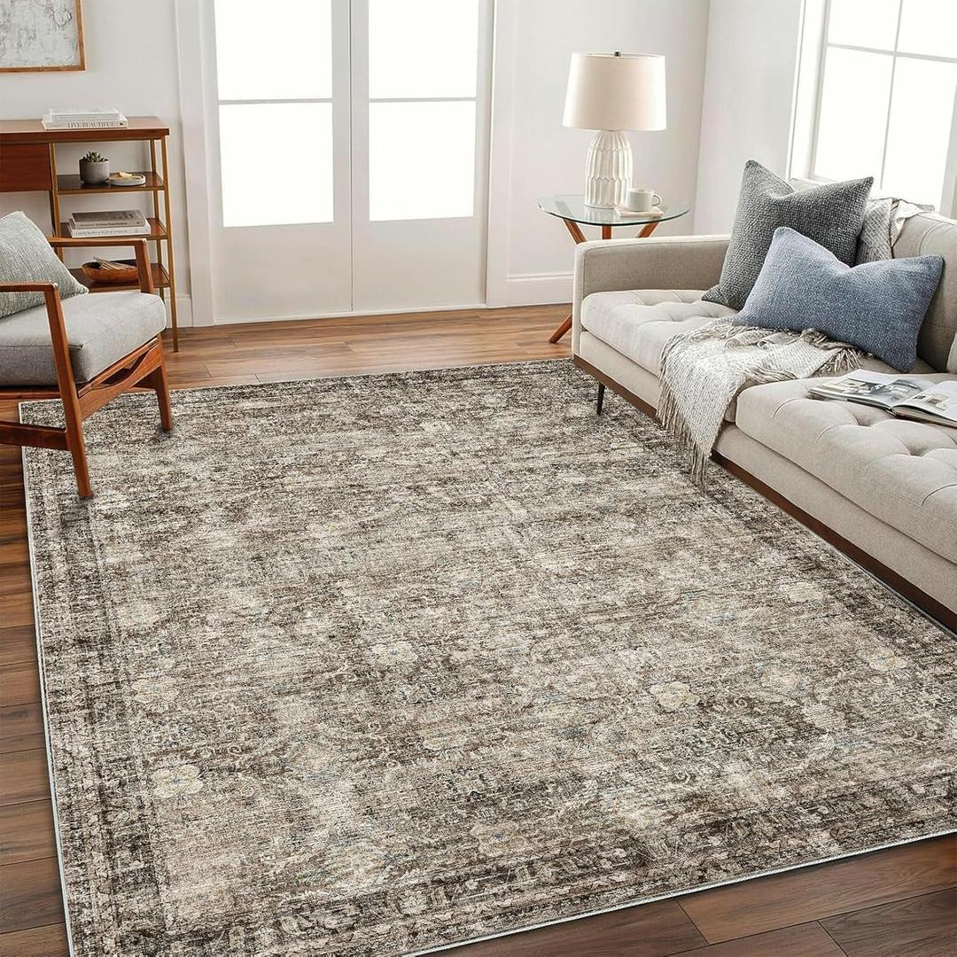 Washable Area Rug 4'x6' Vintage Traditional Floor Cover Foldable Thin Rugs Retro Kitchen Indoor Distressed Non Slip Carpet Floral Print Mat Bedroom Living Room (Khaki Brown)