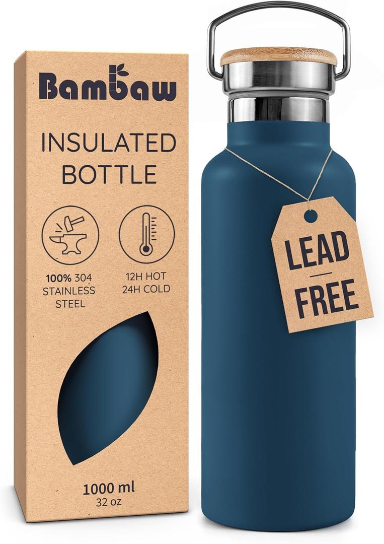 Bambaw Insulated Water Bottle 32 oz, Blue Water Bottle Stainless Steel, Reusable Water Bottle, BPA Free Water Bottle, Big Water Bottle 32oz, Cold and Hot Water Bottle  Aegean Blue