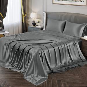 Vonty Satin Sheets Split King Silky Soft Satin Bed Sheets Grey Sheet Set, 2 Deep Pocket Fitted Sheet + 1 Flat Sheet + 2 Pillowcases