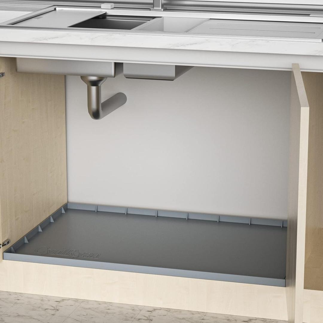 Under Sink Mat Waterproof for 36" Cabinet, Kitchen Rubber Mat, Holds Over 3.3 Gallons Liquid, Carbon Cabinets Leak Protector, Bathroom Sink Line Drip Tray, Gray 35x22.5 inch