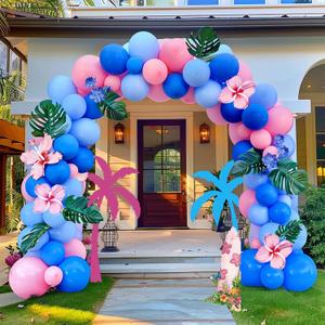 Pastel Blue and Pink Balloon Garland Arch Kit-142Pcs Royal Blue and Baby Pink Balloons for Summer cartoon gender reveal Baby shower Hawaii Palm leaves birthday party decorations