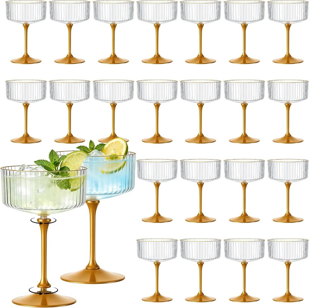 24PCS Plastic Martini Glasses, Gold Stem Disposable Coupe Cups, 10 oz