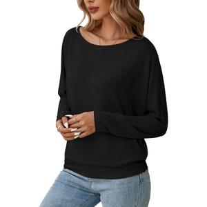 Womens Long Sleeve Shirts Fall Tops Casual Boat Neck Dolman Sleeve Basic Tee Shirts Fashion 2025 (Small, A-01 Black)