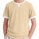 LessonZoo Boys Shirts Short Sleeve Color Block T-Shirts Baseball Kids Casual Geometric Tees Summer Fashion Crew Neck Tops(Apricot&White,7-8 Years)