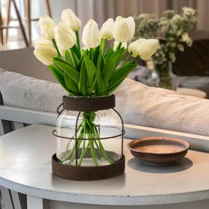 Farmhouse Vase with Artificial Flowers, Rustic Glass Bottle with Tulips Vintage Vase with 14Pcs Flowers VAse with Metal Frame Handle for Dining Room Living Room Table Decor Housewarming Present