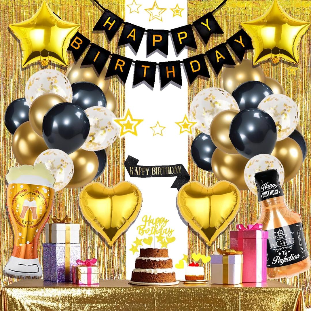Birthday Party Decorations, Black Glod Foil Fringe Curtain, Happy Birthday Banner, Hanging Star, Metallic Tablecloth, Whisky Beer Heart Confetti Balloons, Sash for Men Husband
