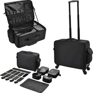 Rolling Makeup Case Cosmetology Case on Wheels Extra Large Cosmetic Artist Bag Portable TravelCase for Hairstylists Nail Tech Traveling Professional Make Up Train Suitcase Carts Trolley, Black