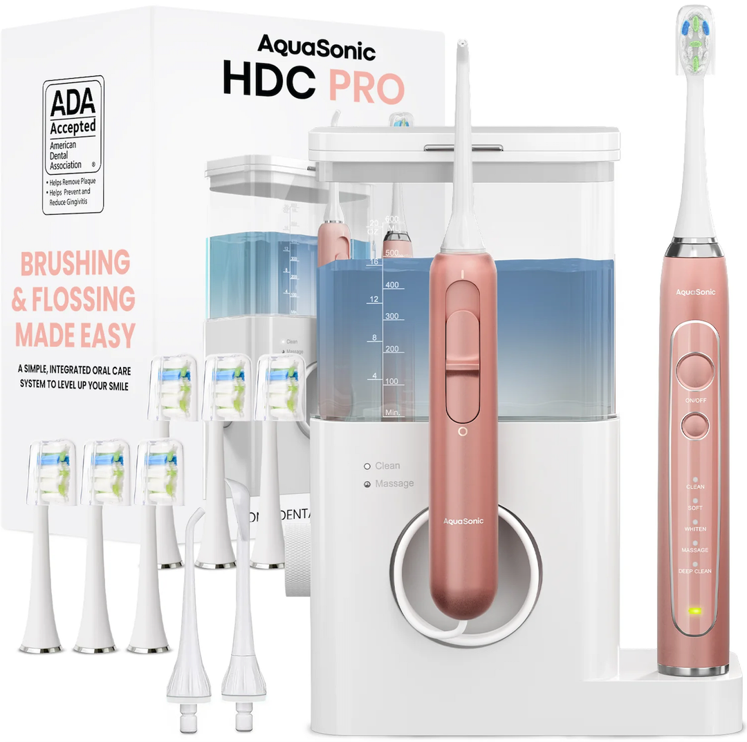 AquaSonic Home Dental Center PRO – Brushing & Flossing Made Easy – Brush & Floss – Power Toothbrush & Water Flosser – Whiter Teeth & Healthier Gums – Black Series Pro+Oral Irrigator