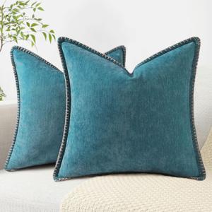 decorUhome Spring Chenille Soft Cozy Throw Pillow Covers 16x16 Set of 2, Modern Farmhouse Boho Velvet Decorative Pillow Cases with Stitched Edge for Couch Sofa Bed Home Decor, Teal