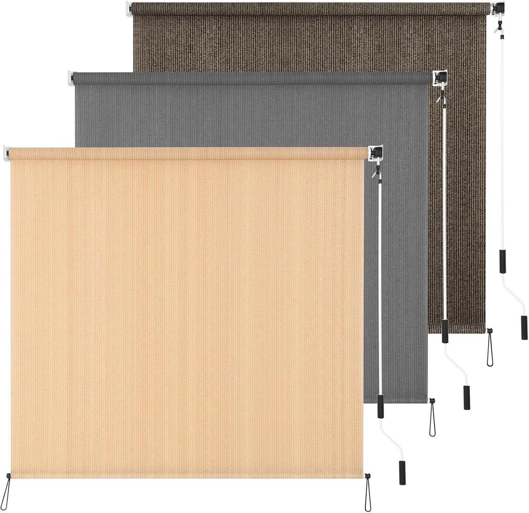 Outdoor Roller Shade 8' W x 8' L Cordless Patio Shades Roll Up Outdoors Blinds with UV Protection, Exterior Roller Shades Cloth for Porch Pergola, Beige