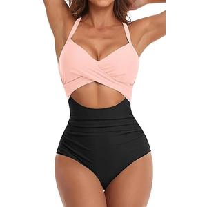 Eomenie Women's One Piece Swimsuits Tummy Control Cutout High Waisted Bathing Suit Wrap Tie Back 1 Piece Swimsuit M 
