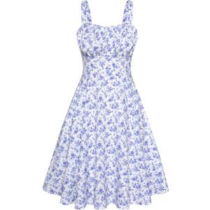 Belle Poque Women's Vintage Sleeveless Solid Floral Ruched Summer Cute A-Line Flowy Swing Midi Dress (Medium, White-blue Floral 2)