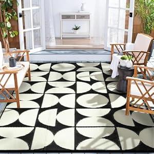 Wonnitar Waterproof 6x9 Outdoor Rug for Patio Clearance, Reversible Plastic Straw Rug Large Portable Camping RV Rug, Geometric Outside Area Rug for Backyard Balcony Garden (Black & White, 6'x9')