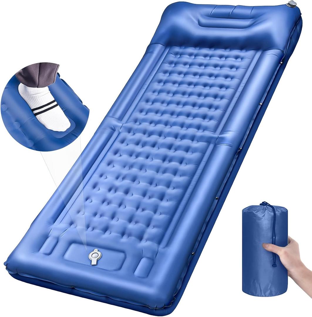 Camping Sleeping Pads, Extra Thick 5 Inch Inflatable Sleeping Mat with Pillow Built-in Pump, Oversized Mattress Super Portable Backpacking Sleeping Pad (Blue, Single)