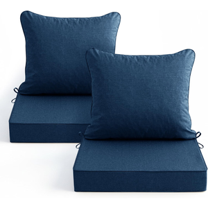 Outdoor Chair Cushions, Faux Linen Backrest and Deep Seat Cushion Set for Patio Furniture with Weather Resistant Removable Cover, Ties, Non-Slip Bottom, 22 x 22 Inch, Navy, Set of 2