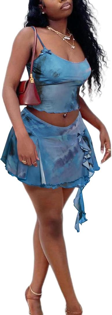 Ophestin Womens Sexy 2 Piece Club Outfits Set Floral Print Camisole Crop Top Mini Skirt with Slit (Blue) Ophestin Womens Sexy 2 Piece Club Outfits Set Floral Print Camisole Crop Top Mini Skirt with Slit (Blue)