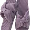 Enteer Platform Corduroy Slippers for Women, Memory Foam Slides with Arch Support, Cozy Crossband Bow Slippers, Non-Slip Indoor Outdoor Bedroom Shoes (Purple)