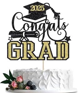BIABISD Black Gold Glitter Congrats Grad Cake Topper，Congratulations 2025 Graduation Cake Decoration Congrats Grad Cake Pick，Class of 2025 Graduation Senior High School College Grad Party Supplies