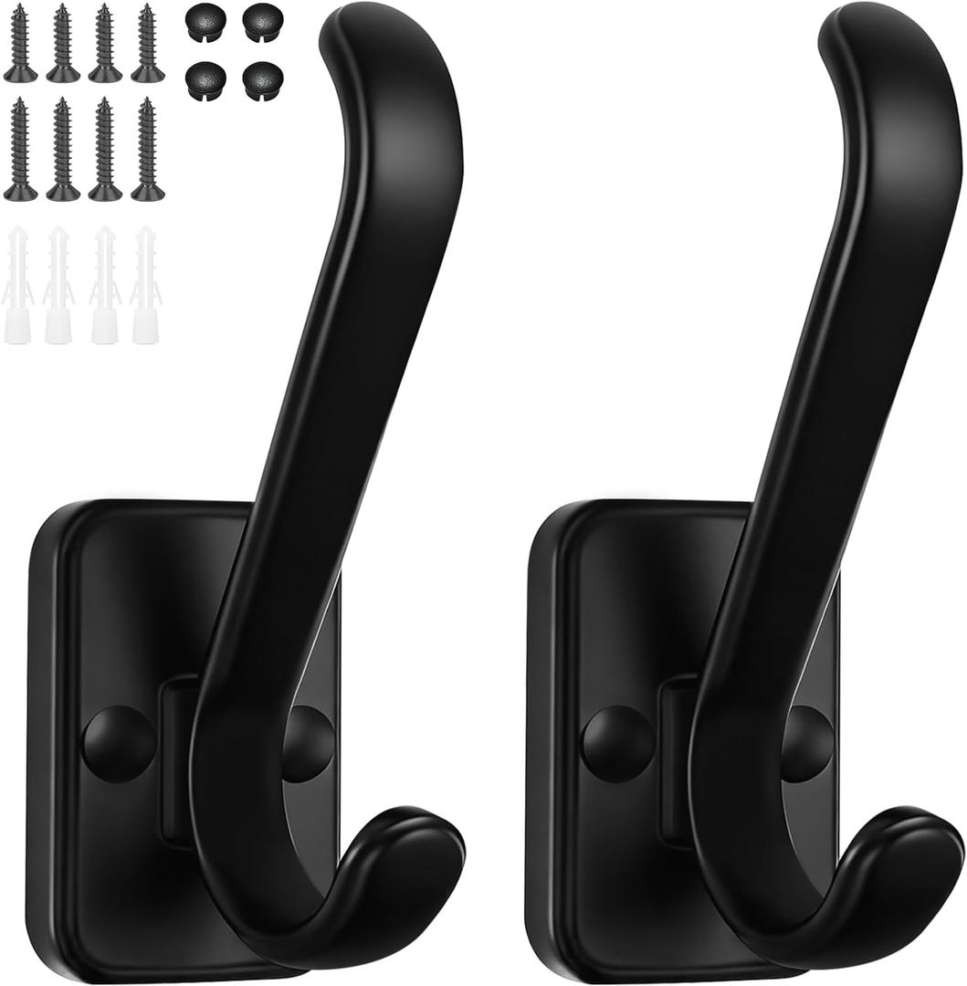 Coat Hooks Heavy Duty - Metal Wall Hooks Wall Mount with Concealed Screw Design Matte Black Hooks for Hanging Towel, Key, Robe, Scarf, Entryway Closet Mudroom Bathroom (2, Black)