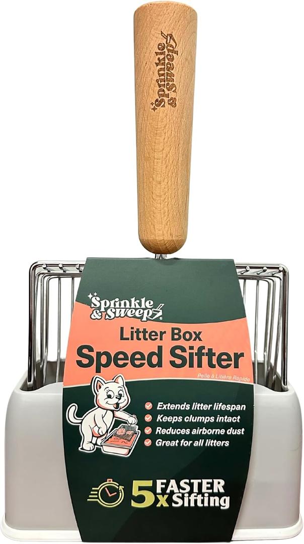 Sprinkle & Sweep Metal Cat Litter Scoop - Heavy Duty Litter Scooper & Speed Sifter with Comfortable Beech Wood Grip - Washable Convenient Stand for Easy and Efficient Cleaning