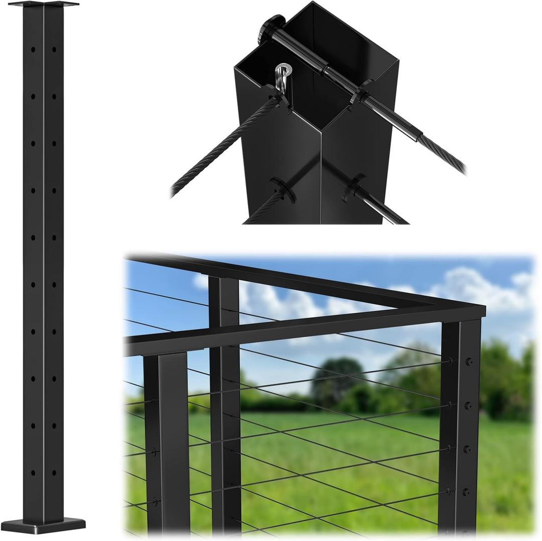 Muzata Black Corner Cable Railing Post 36 Inch 36"x2"x2" T-drilled One-Post Corner Solution Surface Mount Stainless Steel Cable Railing System Kit Indoor Outdoor with Paper User Guide PS02 B34S