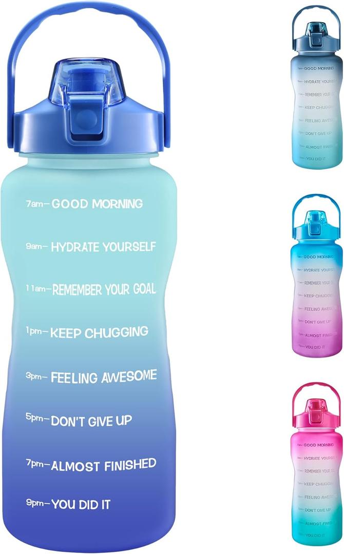 EYQ 64oz/128oz Leakproof Free Drinking Water Bottle with Motivational Time Marker BPA Free for Fitness, Gym and Outdoor Sports (04Green/Blue Gradient)