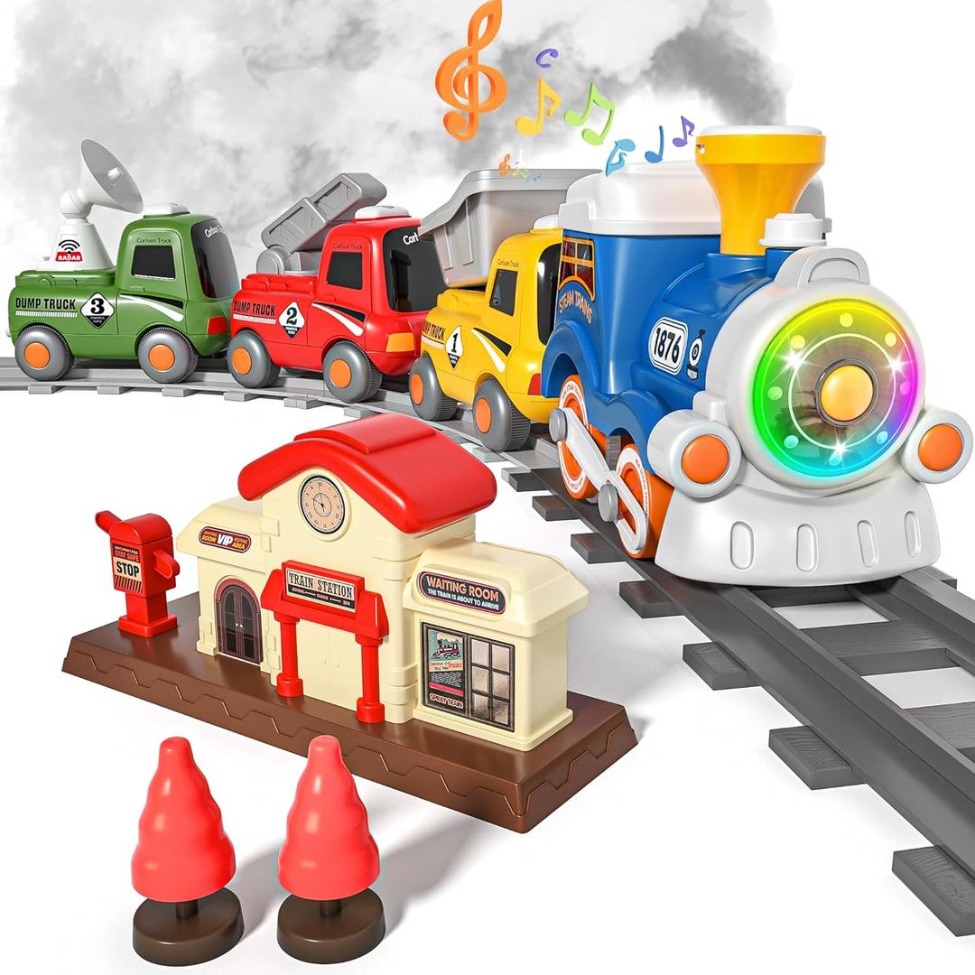 MORECOLL Train Set for Toddlers w/Steam, Music & Lights - First Choo Choo Train for Toddlers, Electric Train Set for Kids, Magnetic Train Toys, Christmas Birthday Gifts for Boys Girls