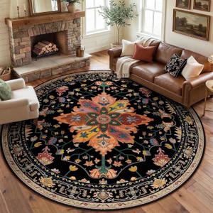 RELEANY Area Rugs 8ft Washable Non-Slip, Floral Vintage Distress Print Pattern Medallion Carpet for Living Room Bedroom Dining Room, Black Colorful Floral Dark Tan