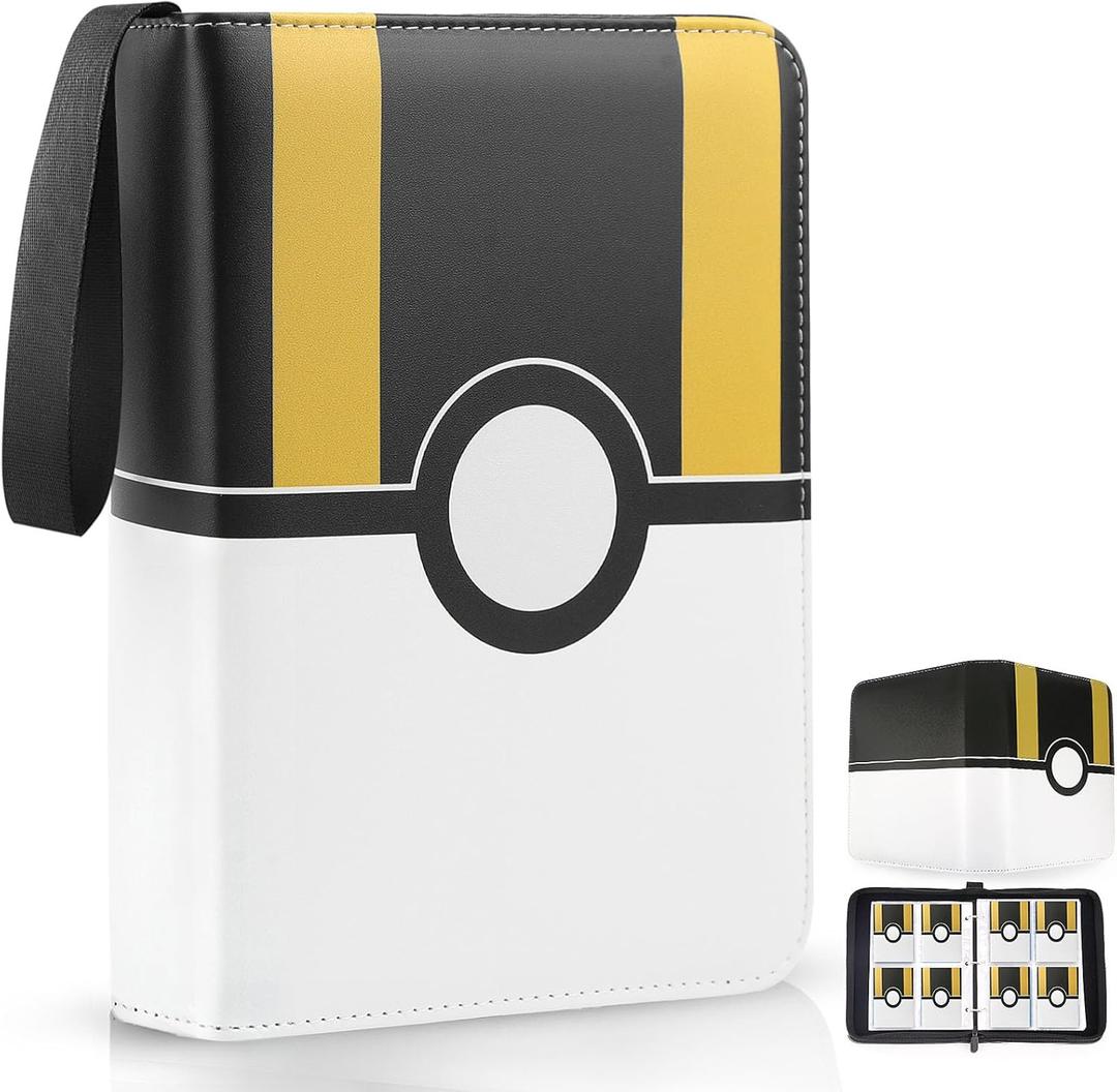 Card Binder 4 Pocket, Trading Card Holder Fits 400 Cards With 50 Removable Sleeves, Portable Collection Card Ablum, Game Card Case book With Zipper for Gift - Black (Large)