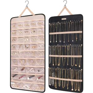BAGSMART Hanging Jewelry Organizer Storage Roll with Hanger Metal Hooks Double-Sided Jewelry Holder for Earrings, Necklaces, Rings on Closet, Wall, Door, 1 piece, Extra Large, Black